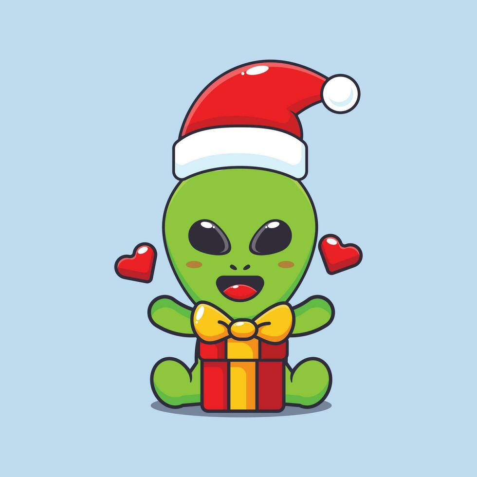 Cute alien with christmas gift. Cute christmas cartoon character illustration. vector