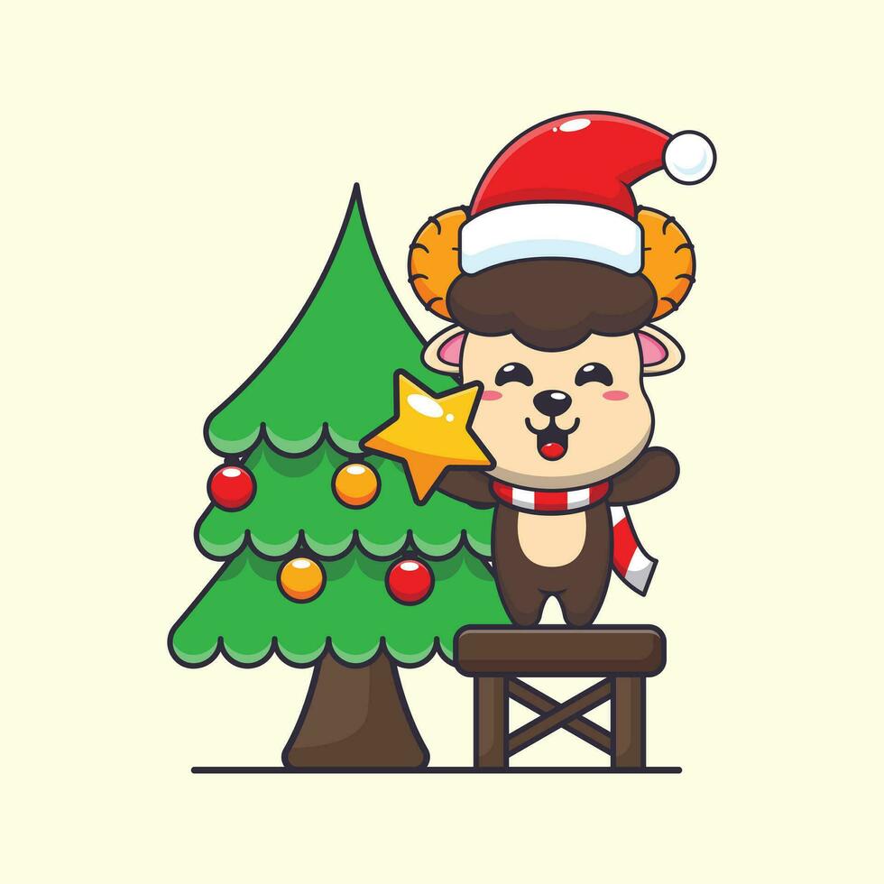 Cute ram sheep taking star from christmas tree. Cute christmas cartoon character illustration. vector