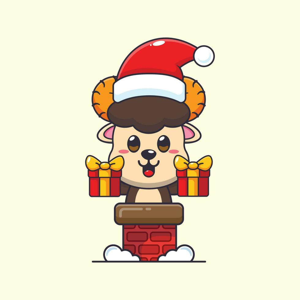 Cute ram sheep with santa hat in the chimney. Cute christmas cartoon character illustration. vector