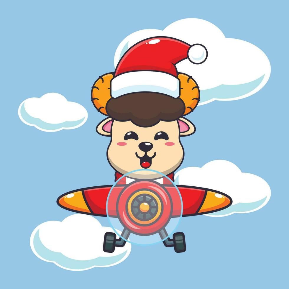 Cute ram sheep wearing santa hat flying with plane. Cute christmas cartoon character illustration. vector