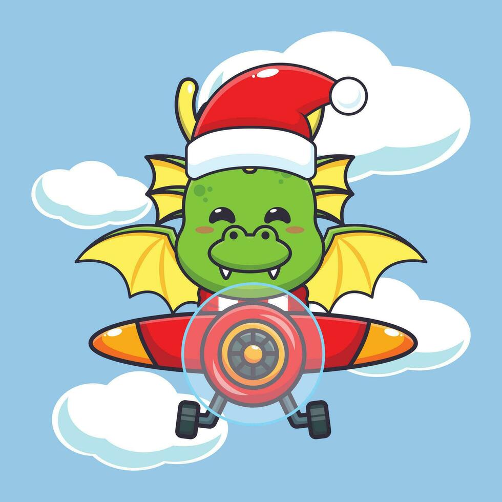 Cute dragon wearing santa hat flying with plane. Cute christmas cartoon character illustration. vector