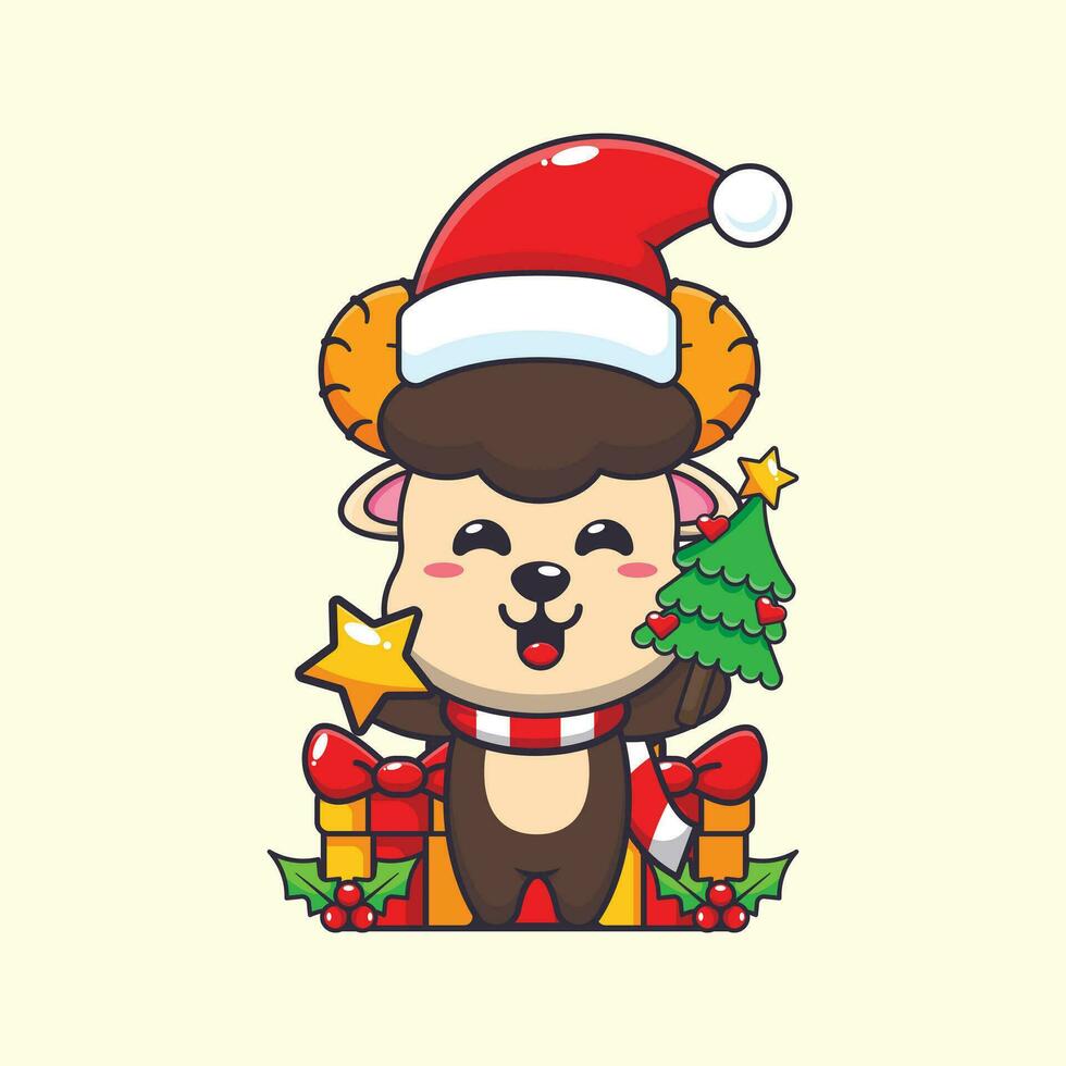 Cute ram sheep holding star and christmas tree. Cute christmas cartoon character illustration. vector