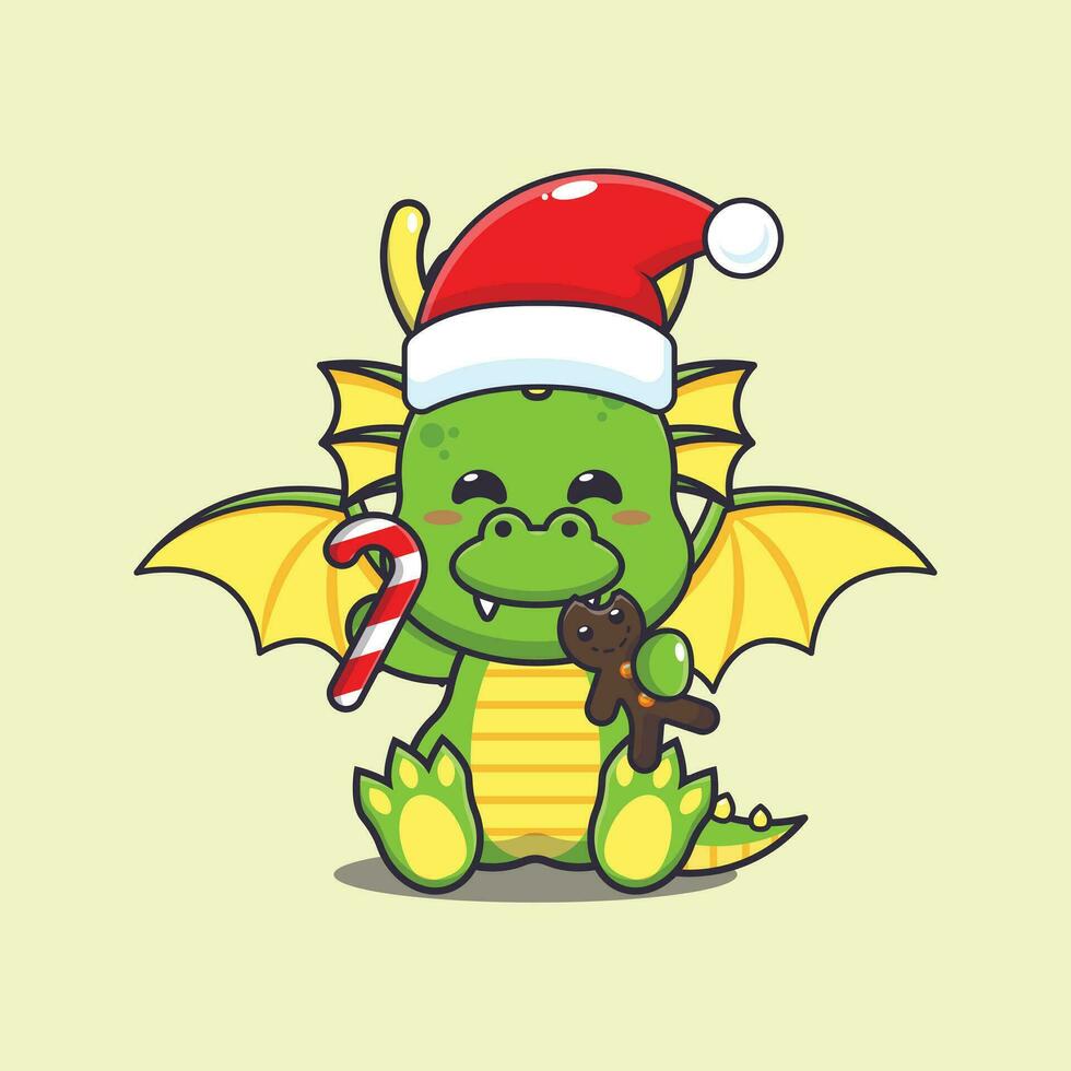 Cute dragon eating christmas cookies and candy. Cute christmas cartoon character illustration. vector