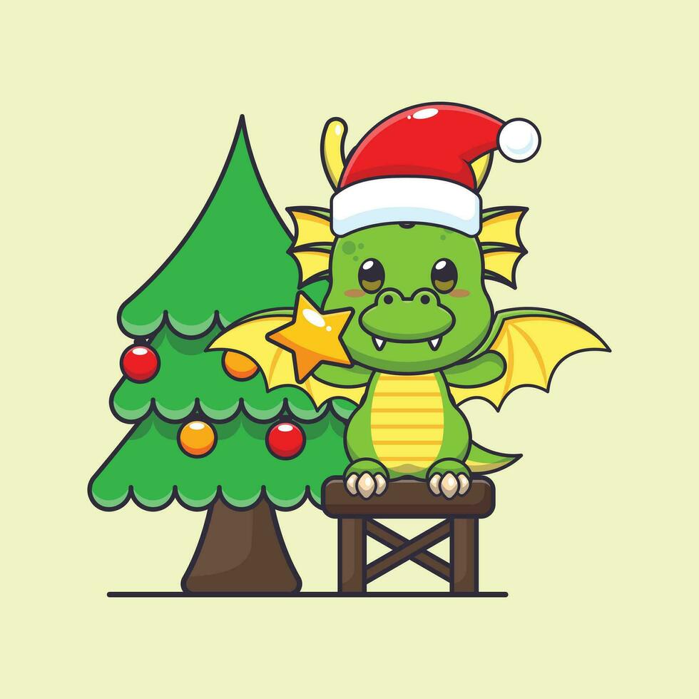 Cute dragon taking star from christmas tree. Cute christmas cartoon character illustration. vector