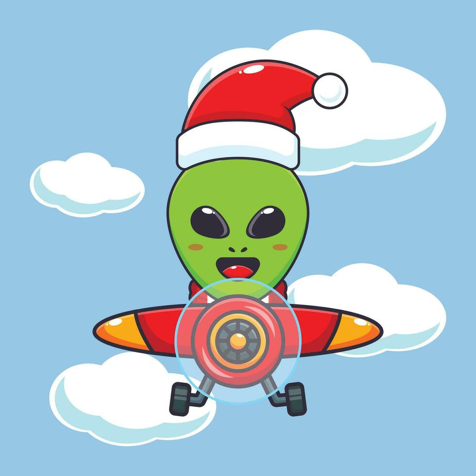 Cute alien wearing santa hat flying with plane. Cute christmas cartoon character illustration. vector