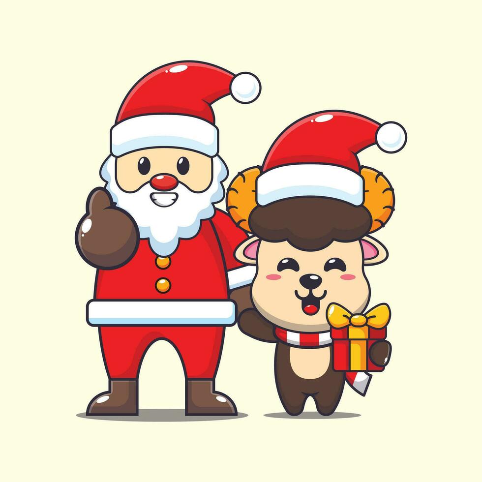 Cute ram sheep with santa claus. Cute christmas cartoon character illustration. vector