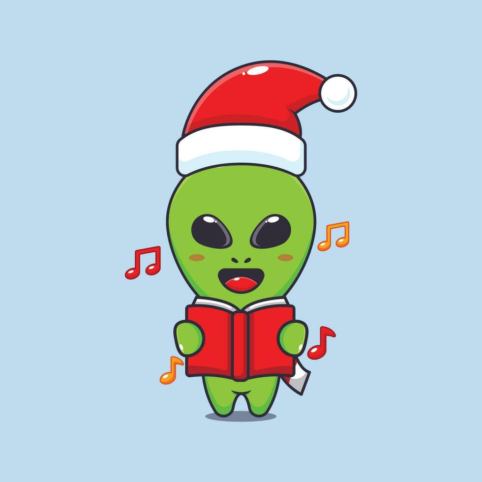 Cute alien sing a christmas song. Cute christmas cartoon character illustration. vector