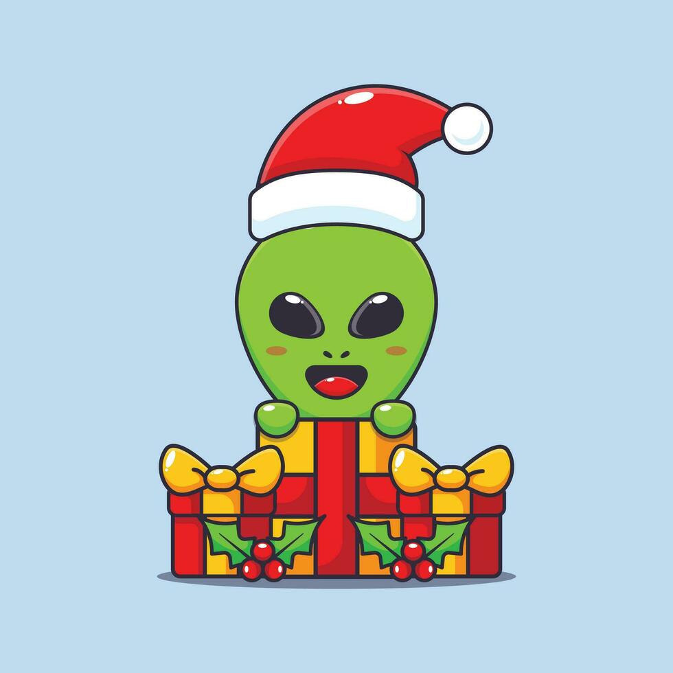 Cute alien happy with christmas gift. Cute christmas cartoon character illustration. vector