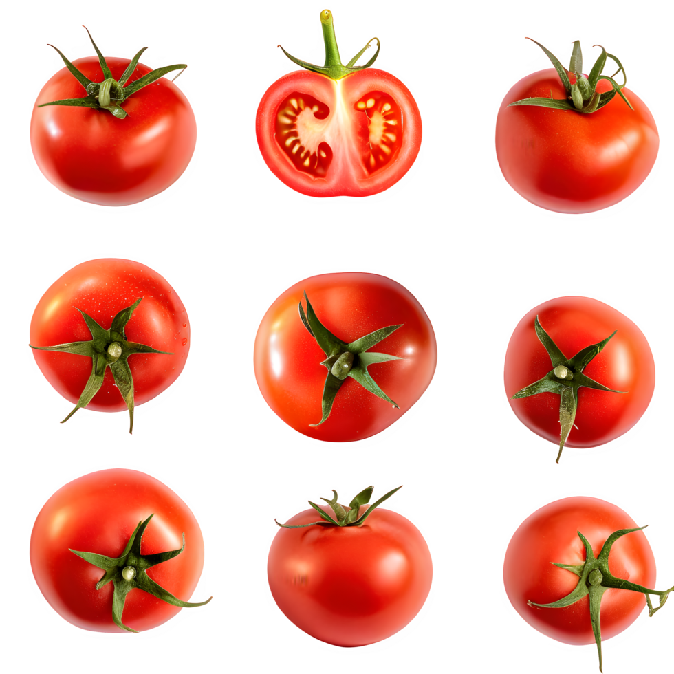 AI generated red tomatoes fruit and sliced isolated on transparent background png