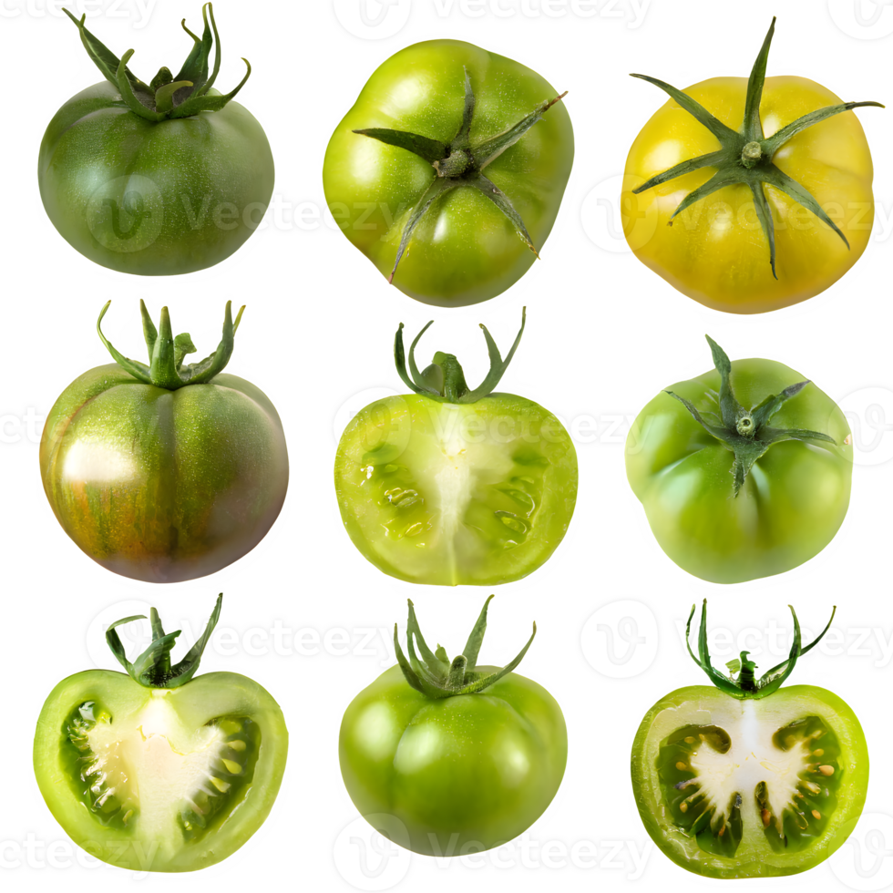 AI generated green tomatoes and sliced isolated on transparent background png