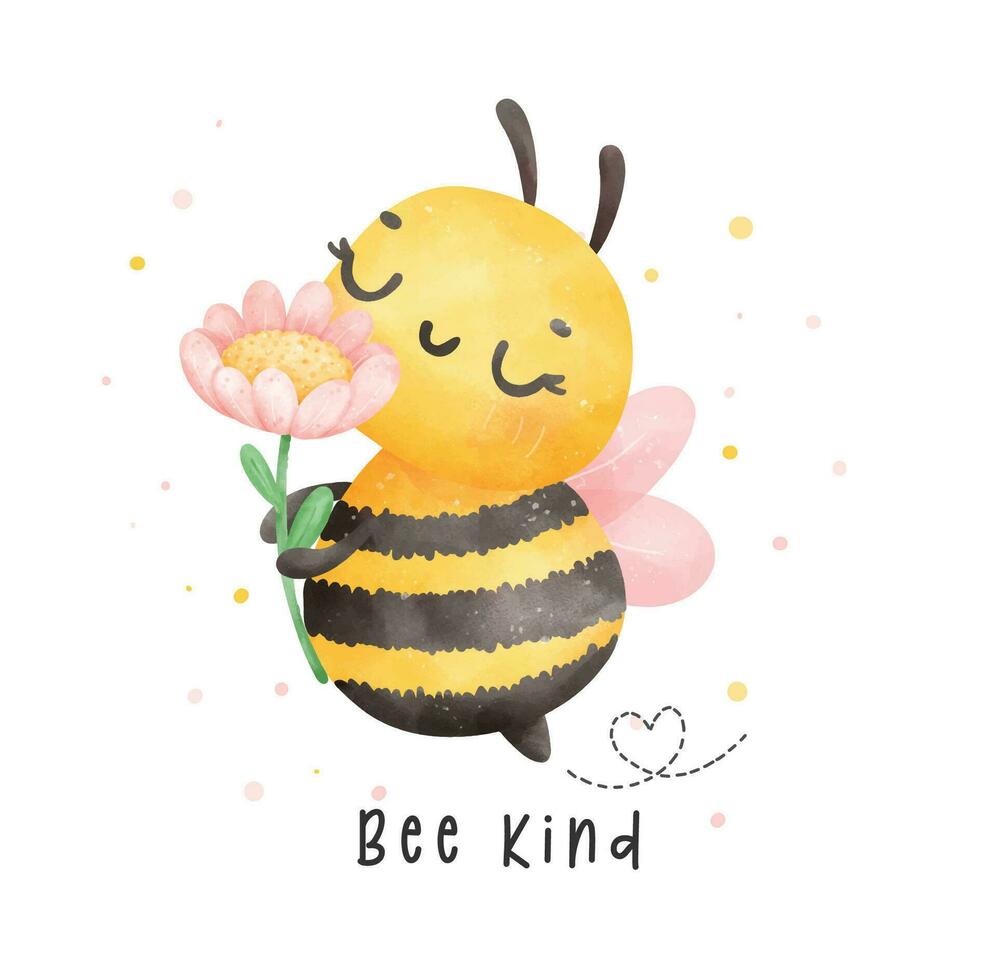 Cute baby honey bee with flower watercolor cartoon character hand painting illustration vector. vector