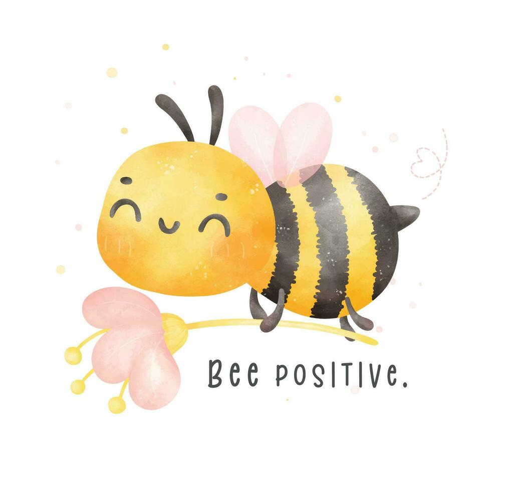 Cute baby bee flying and flower watercolor cartoon character hand painting illustration vector. Bee positive. vector