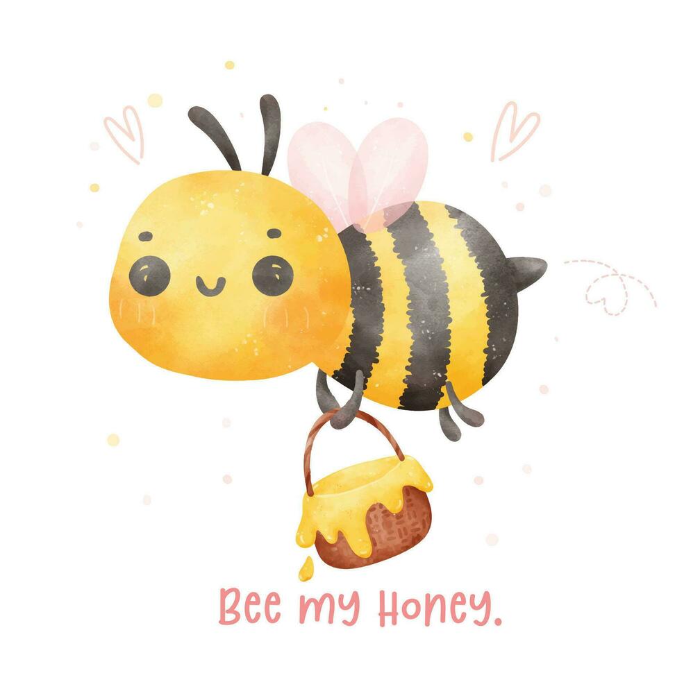 linda bebé abeja volador con miel bakset acuarela dibujos animados personaje mano pintura ilustración vector. vector