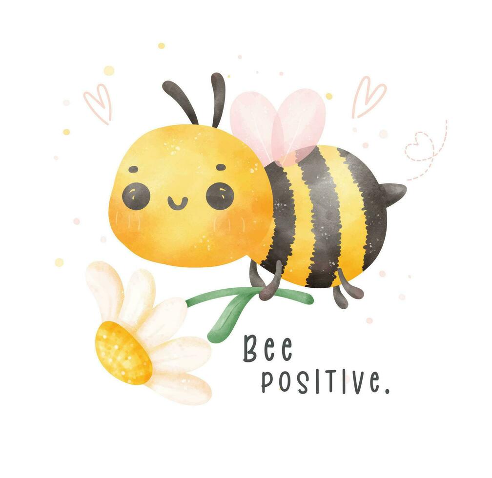 Cute baby bee flying and flower watercolor cartoon character hand painting illustration vector. Bee positive. vector