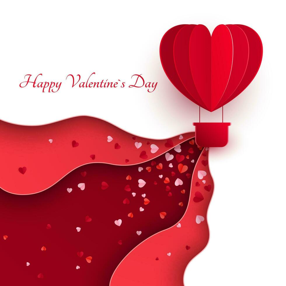 Valentines day with paper cut red heart shape balloon flying. Balloon flies and leaves a trail with hearts decorations. Vector illustration