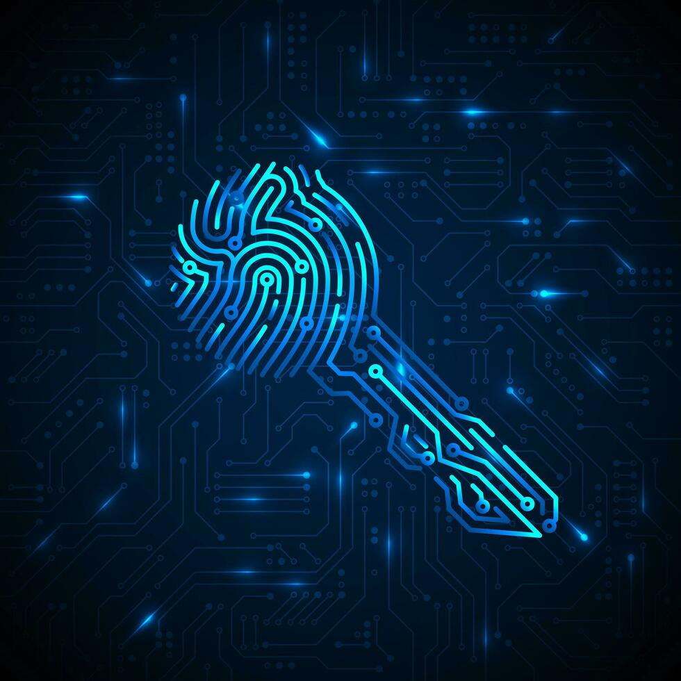Cyber security concept. Fingerprint in key shape with circuit background. Security cryptocurrency technology. Authorization futuristic system. Vector illustration