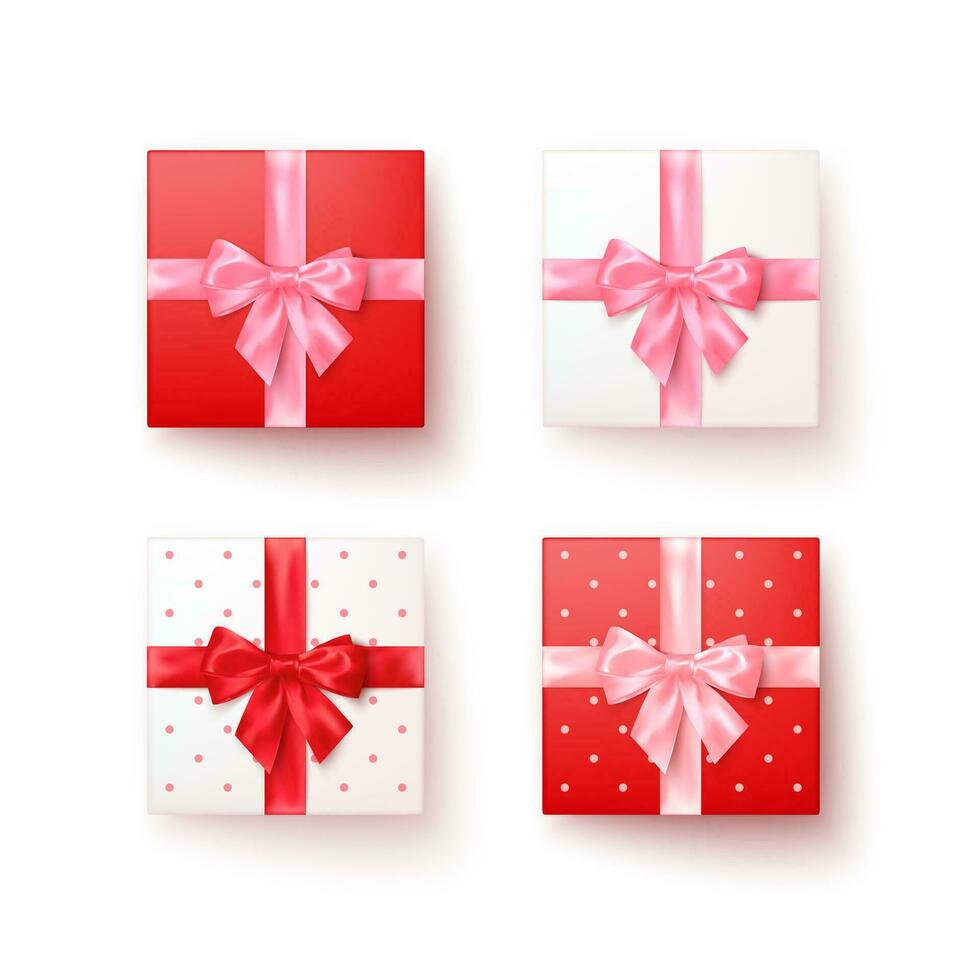 Set of gift boxes with silk bows in realistic style top view. Vector