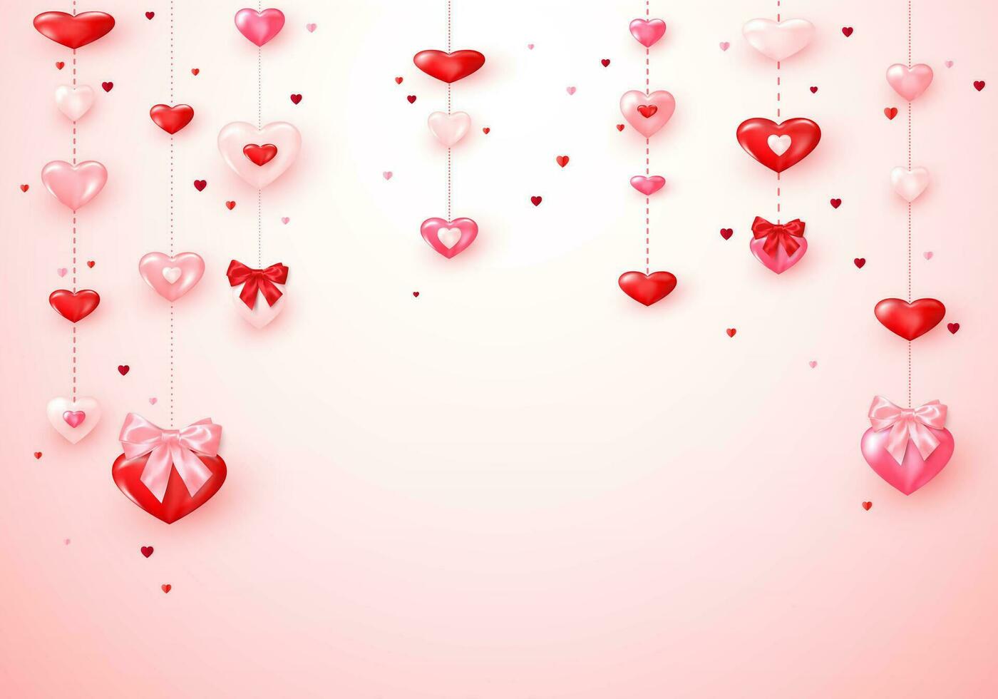 Heart garlands. Valentines Day romantic background hearts with silk bows. Vector