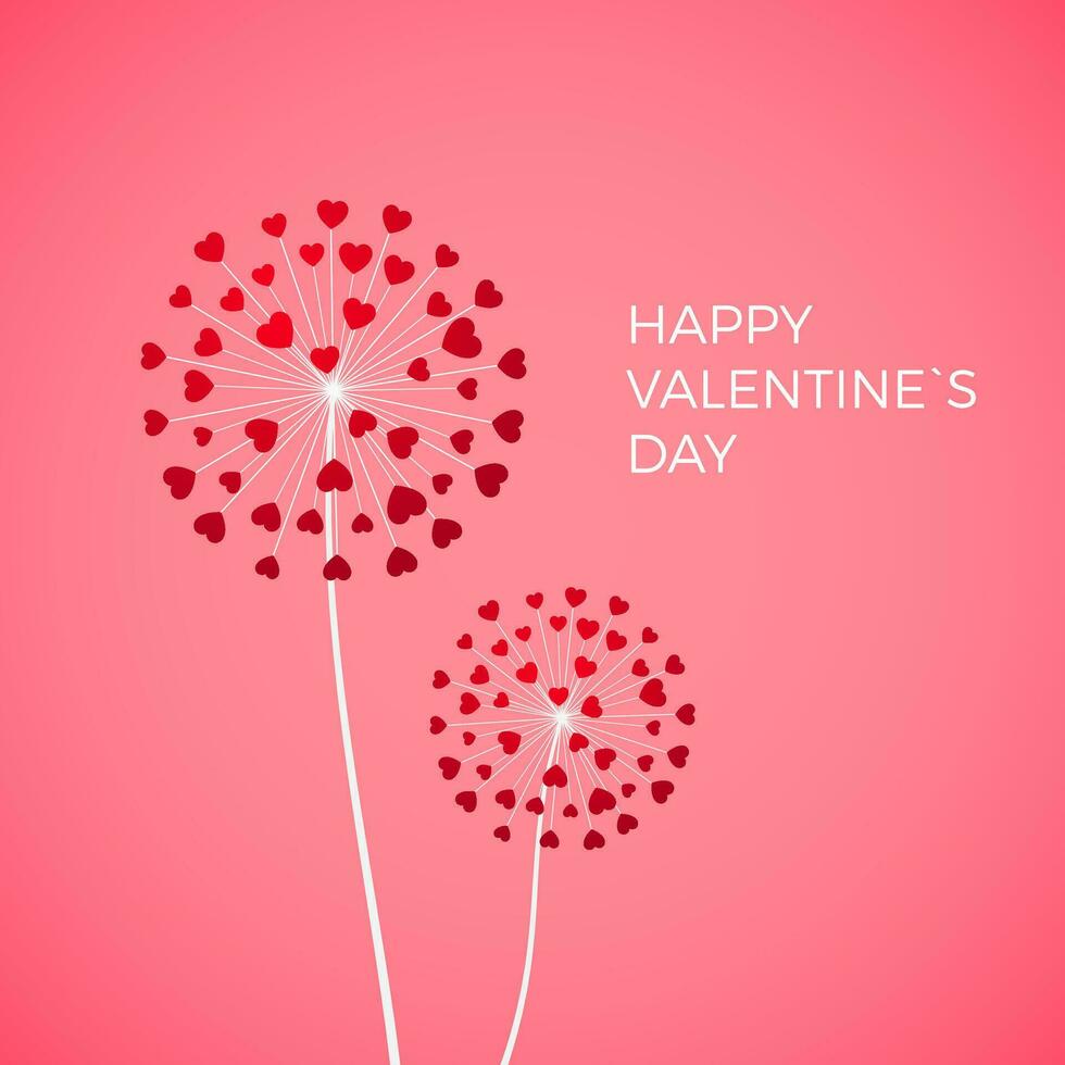Couple of dandelion with red hearts. Happy Valentine day greeting card on pink background. White blowball with red heart symbol of love vector