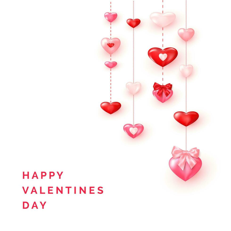 Valentines day greeting card template. Valentine card ornate shiny red and pink hearts. Vector