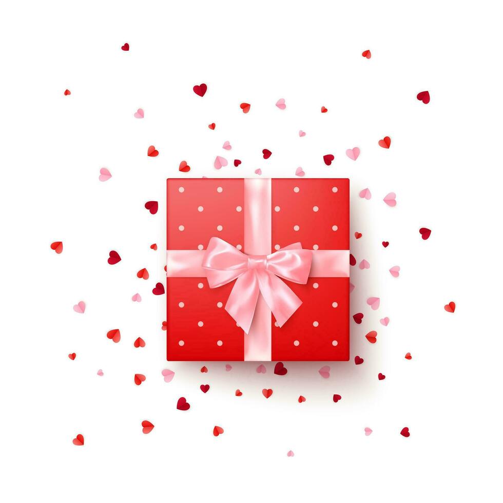 Realistic red gift box with pink silk bow decorated confetti top view. Vector illustration