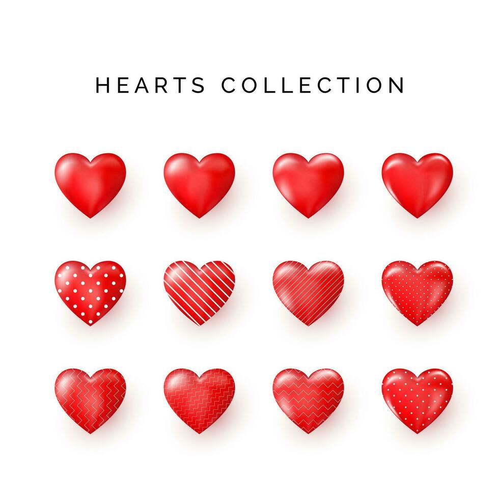 Set of red decorative Hearts with shadow. Abstract decoration element. Stylized Hearts collection for greeting card on Valentines day or other templates. Vector illustration