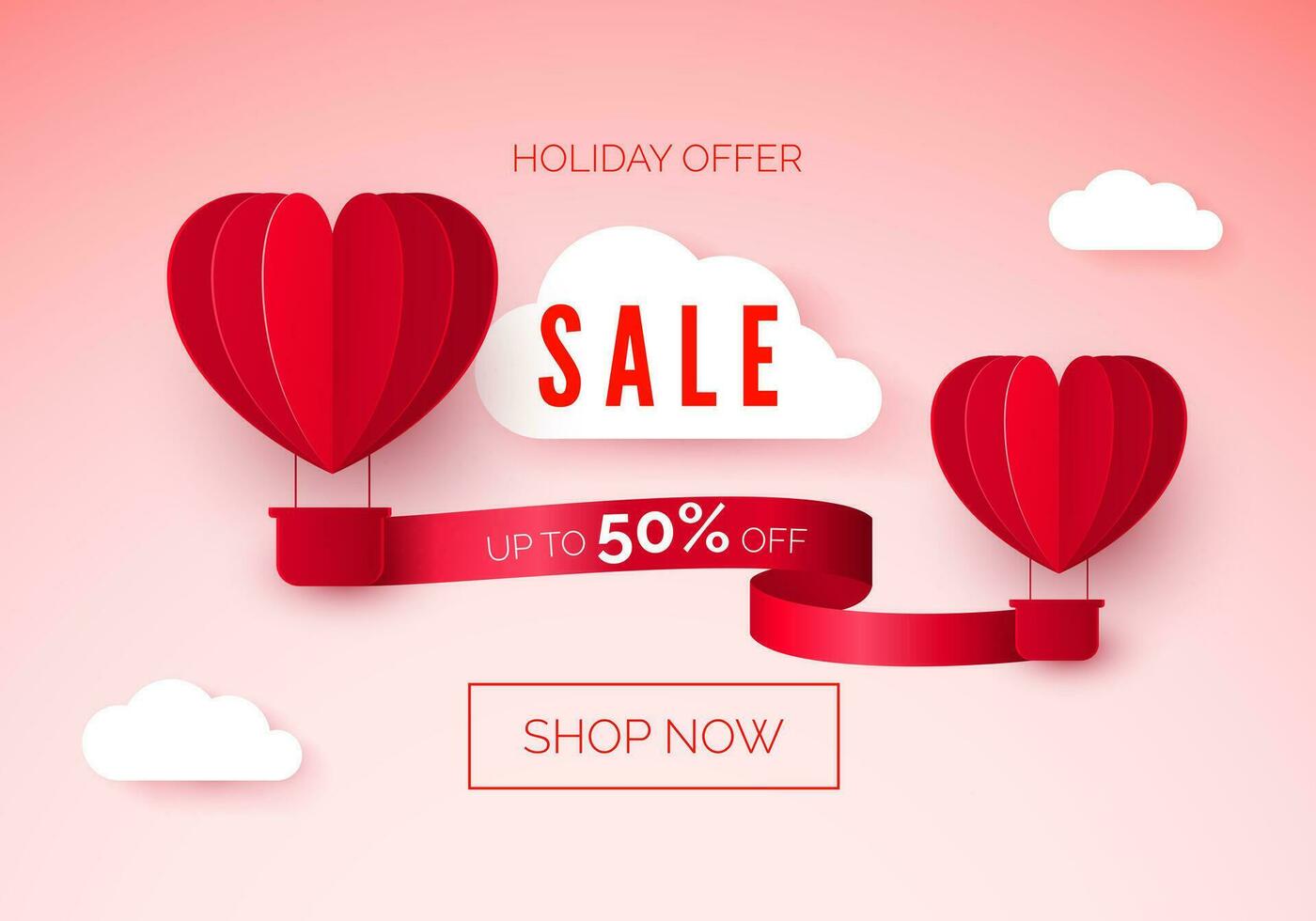 Hot air balloons with red ribbon and discount offer on it. Valentines day seasonal sale. vector