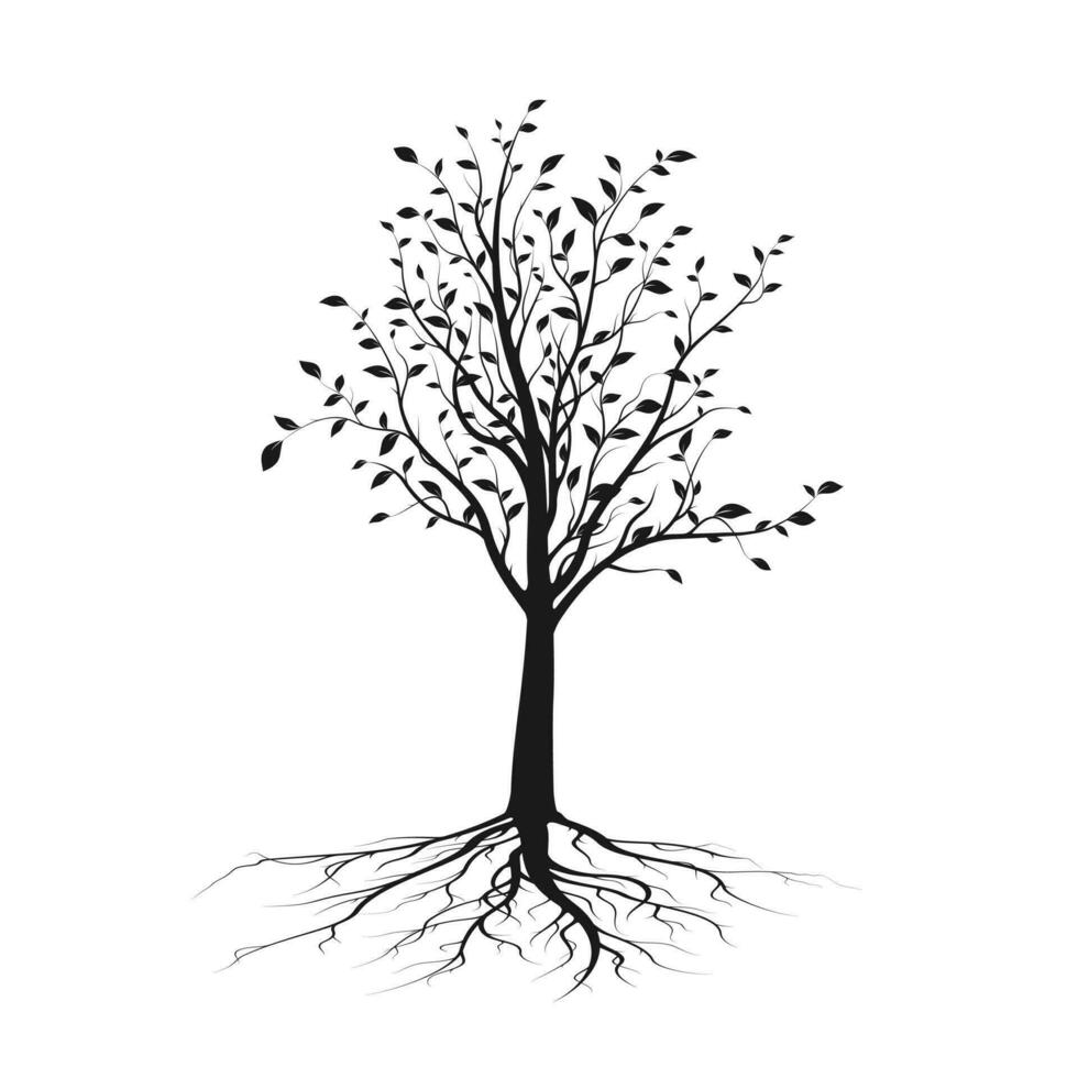 Black tree silhouette with leaves and root. Ecology and nature concept. Vector illustration isolated on white background