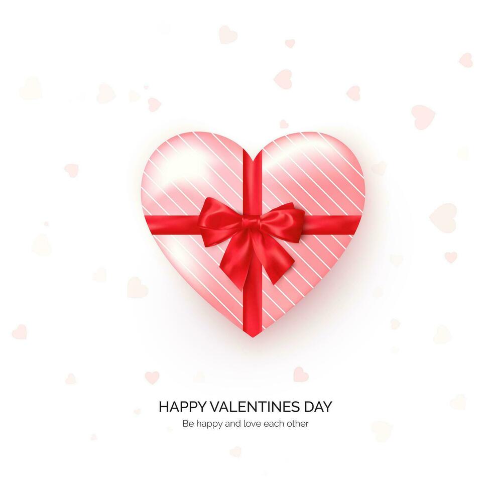 Heart shaped gift box with red silk bow. Valentines day greeting card template. Vector