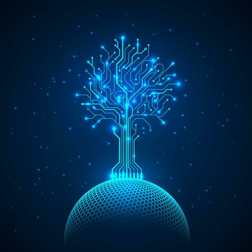 Circuit tree on network sphere. Abstract futuristic hologram sci fi background. Vector illustration