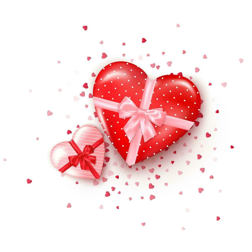 Couple gifts in hearts shaped boxes with silk ribbon and bow. Present for Valentines day decorated confetti. Vector