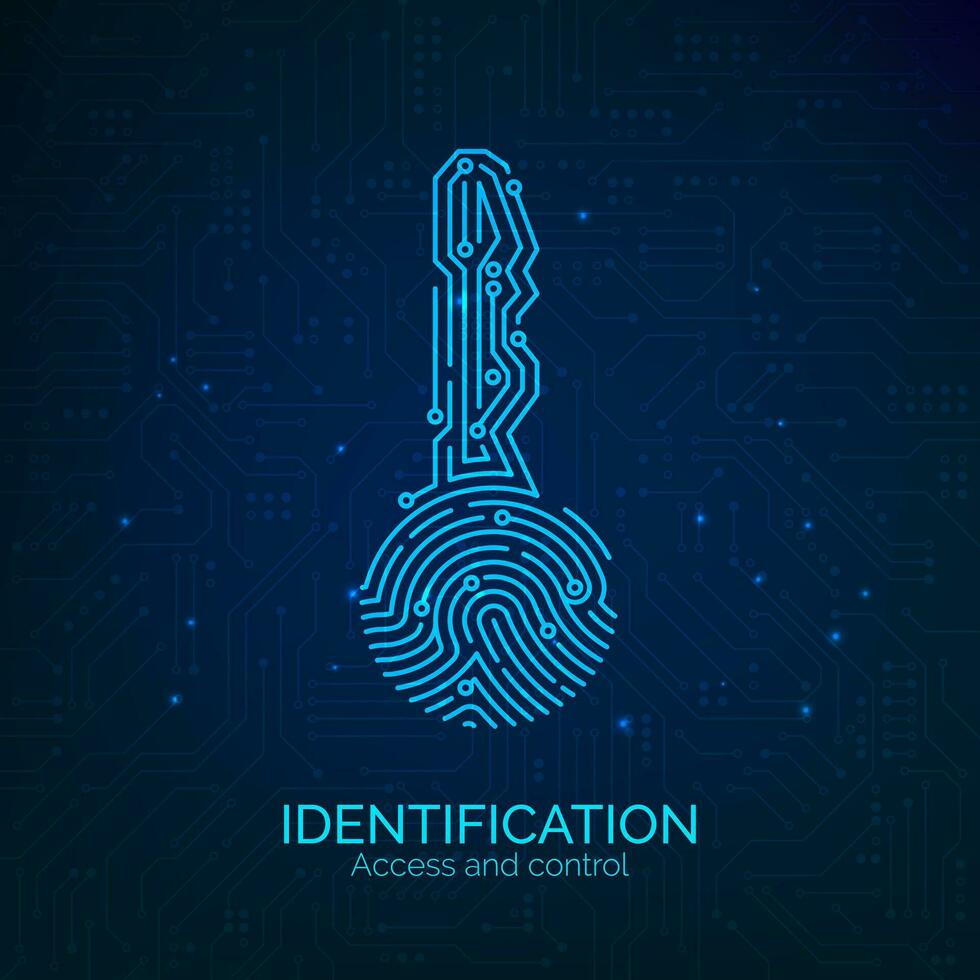 Circuit key fingerprint scanner. Scan biometric fingermark electronic verification and identification. Vector illustration