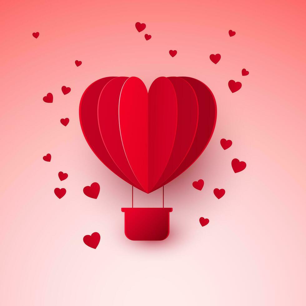 Valentines day with paper cut red heart shape air balloon. Balloon flies and leaves a trail with hearts. Vector illustration