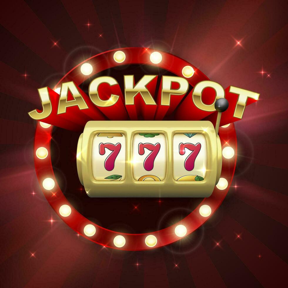 Big win on jackpot casino win. Golden slot machine. 777 on slot machine wheels. Retro signboard on red background with light rays. Vector illustration