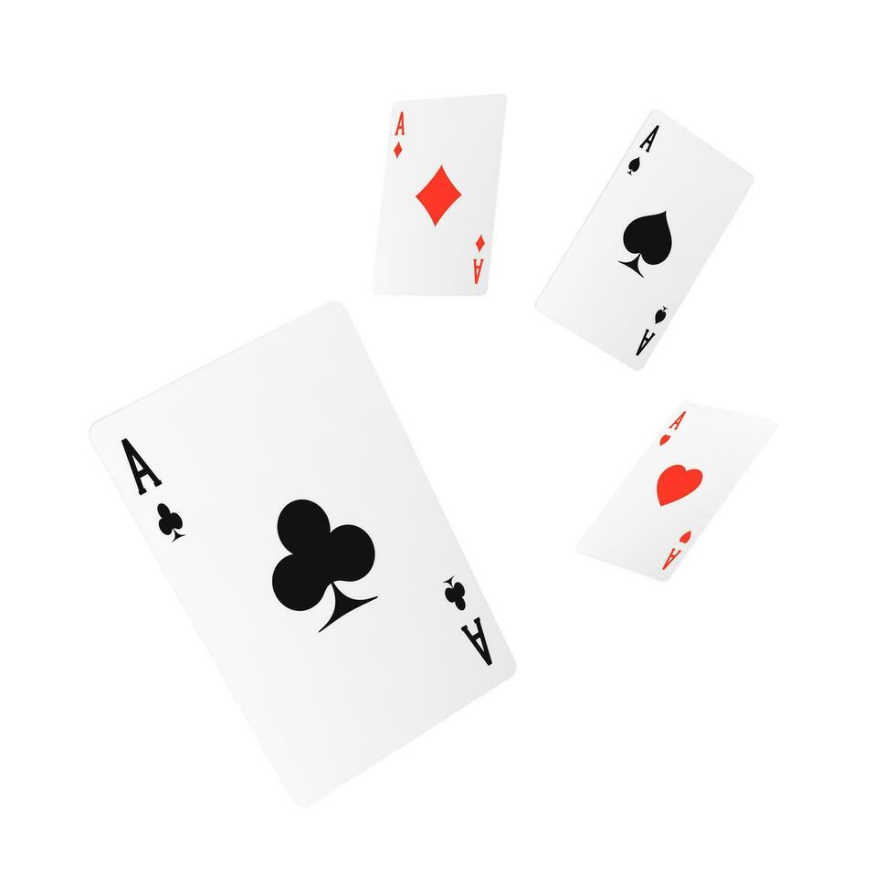 Flying playing card four of a kind or quads. Ace design cazino game element. Poker or blackjack realistic cards. Vector illustration