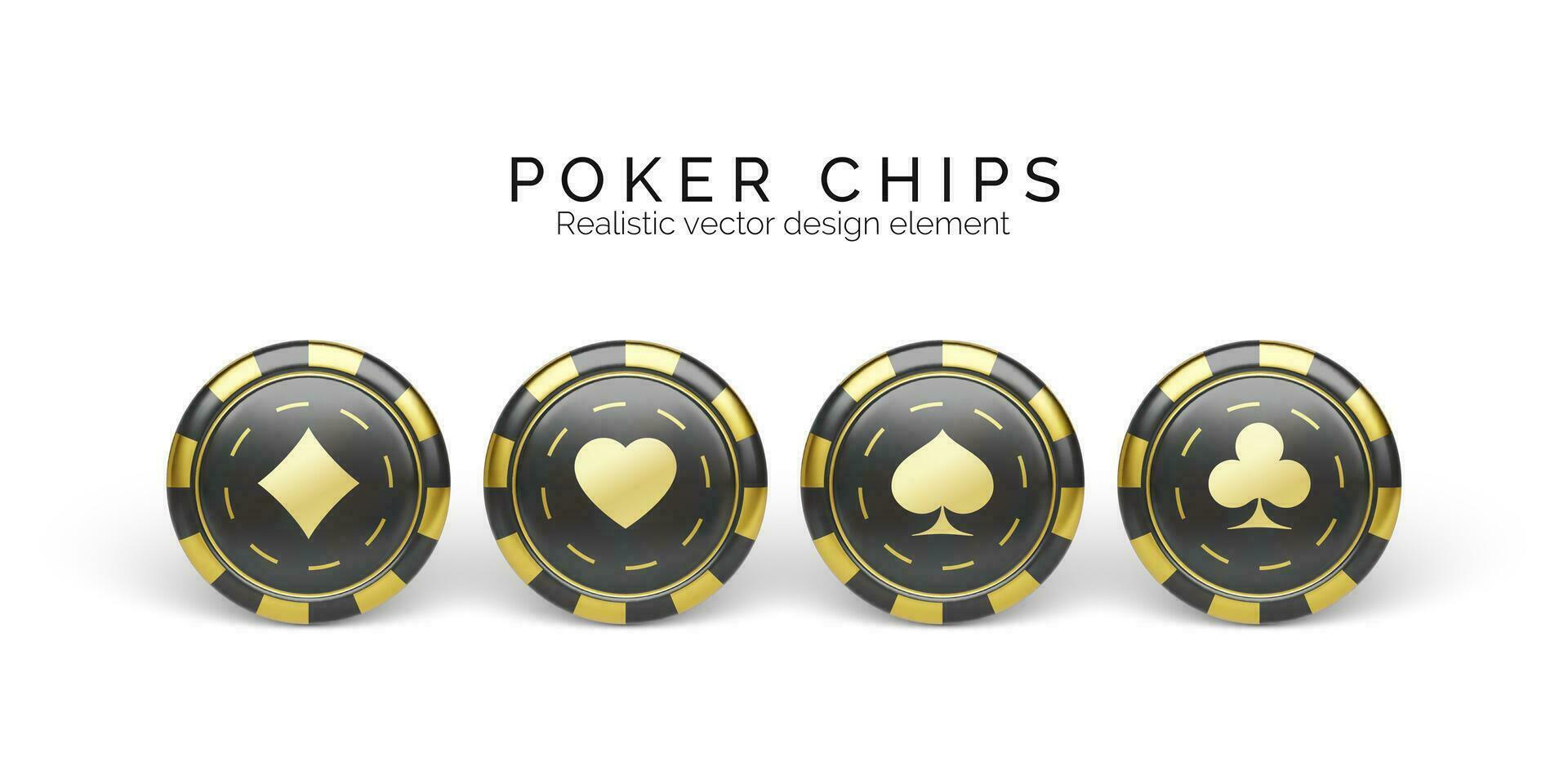 Black and golden casino chips isolated on white. Gambling chips with palying card suit symbol. Vector illustration