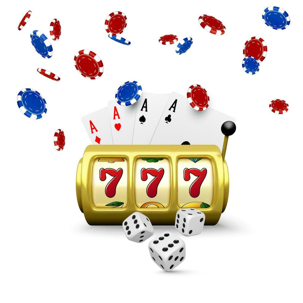 Casino big win poster. 3d gold slot machine black playing cards four aces and falling and poker chips. Design element for gambling banner. Vector illustration