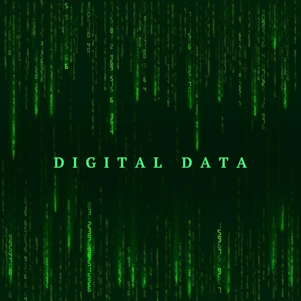 Background in a matrix style. Digital virtual reality visualization. Green random numbers. Sci fi or futuristic backdrop. Encoded data. Vector illustration