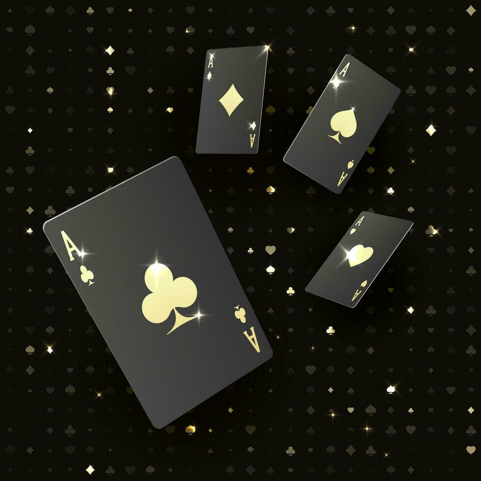 Four black poker cards with gold suit. Quads or four of a kind by ace. Casino banner or poster in royal style. Vector illustration