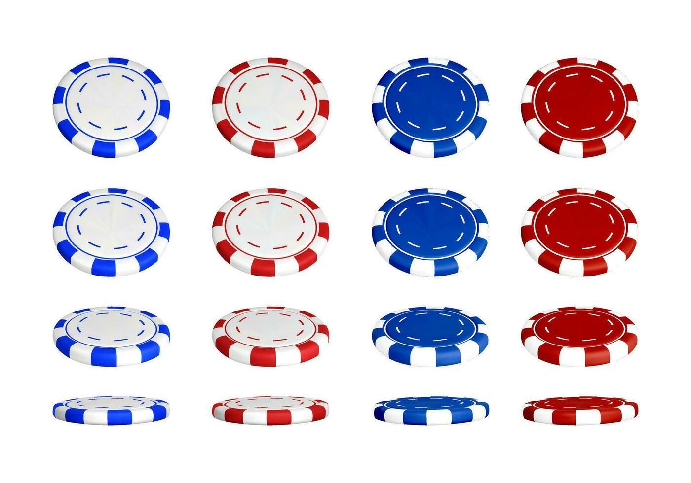 Poker chips in different position. Color casino chips isolated on white background. Vector illustration
