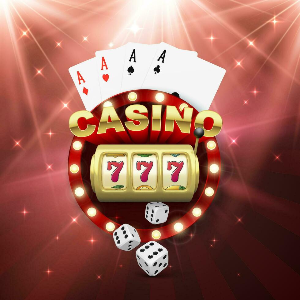 Casino banner with slot machine four aces and dice. Win jeckpot. Play game and win. Vector illustration