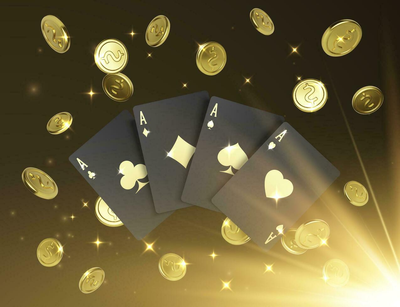 Quads or four of a kind by ace. Casino banner or poster in royal style. Four black poker cards with gold label and falling golden coin on background. Vector illustration