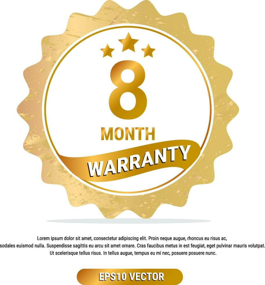 8 month warranty vector art illustration in gold color with fantastic font and white background. Eps10 Vector