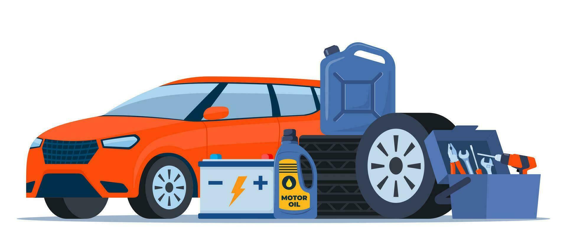 coche y auto Servicio accesorios composición con herramienta equipo, gasolina frasco y batería. vector ilustración.