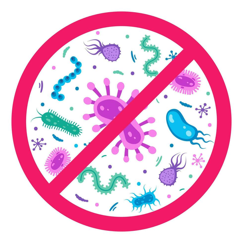 Antibacterial defence icon. Stop bacteria and viruses prohibition sign. Antiseptic. Various bacteria in the red crossed-out circle. Vector illustration.