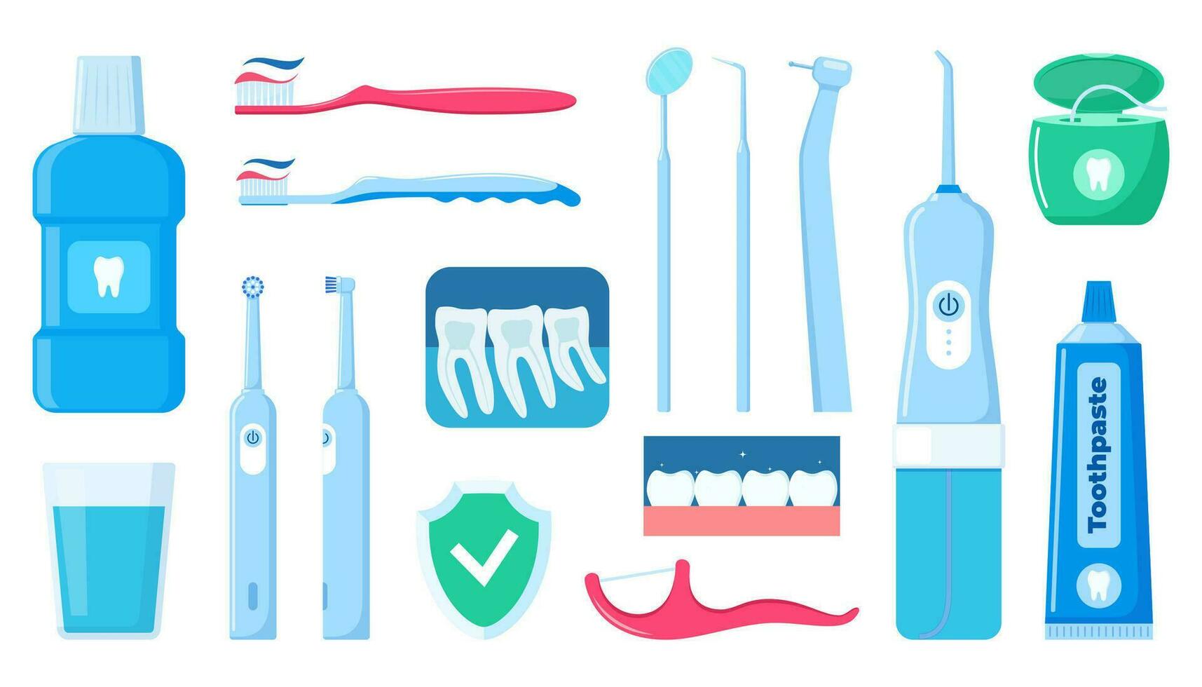 Dental cleaning tools. Oral care and hygiene products. Toothbrush, toothpaste, mouthwash, floss toothpick, dental floss, dental irrigator. Brushing teeth. Vector illustration.