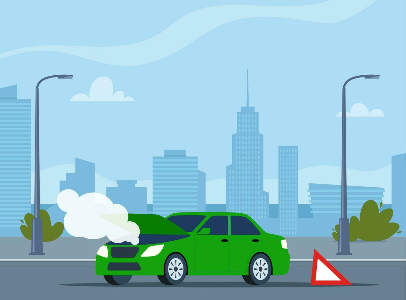 Car breakdown on the road emitting smoke with the hood open and warning sign behind. City on background. Vector illustration.