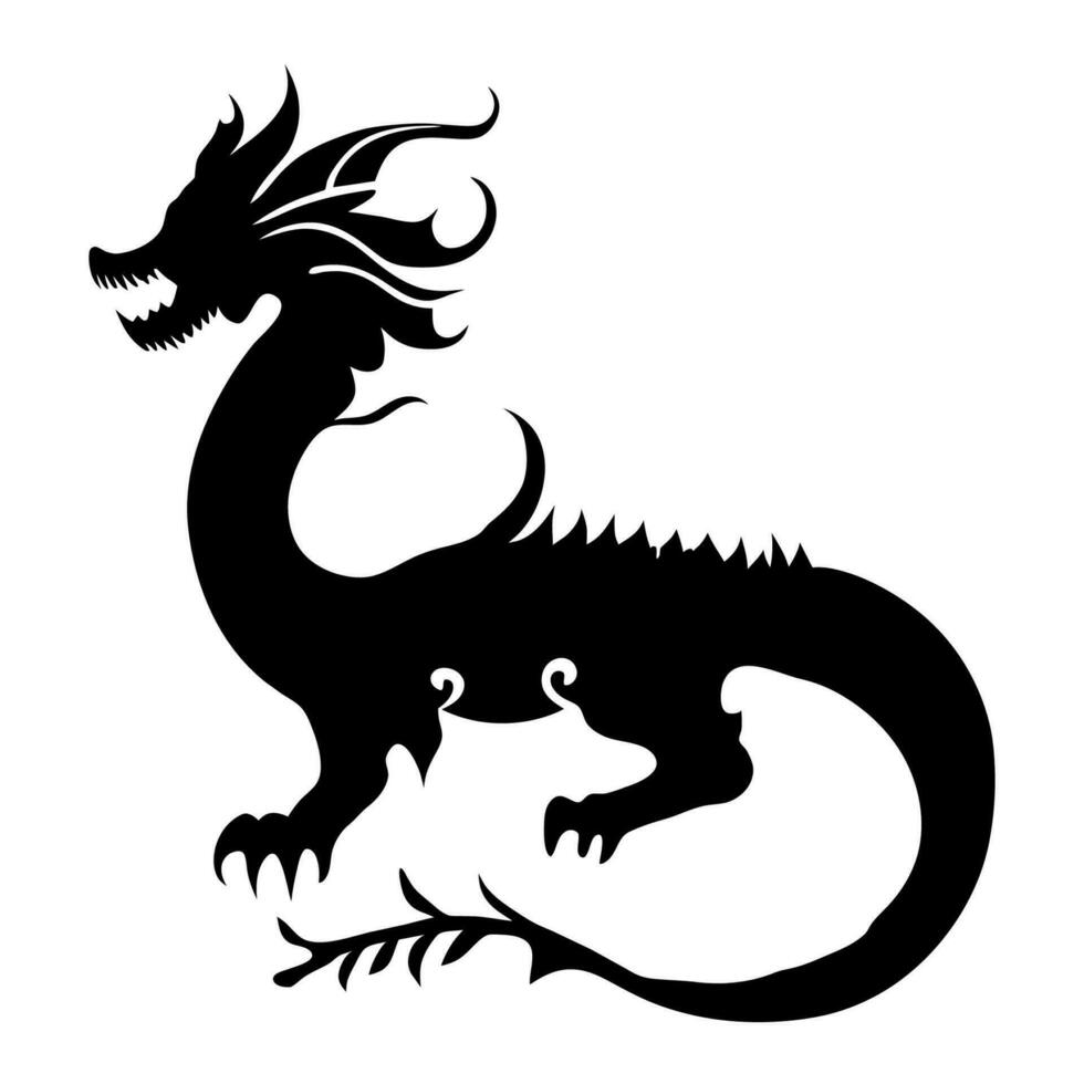 Black silhouette of a dragon on a white background. Vector illustration. Chinese New Year of a Dragon.