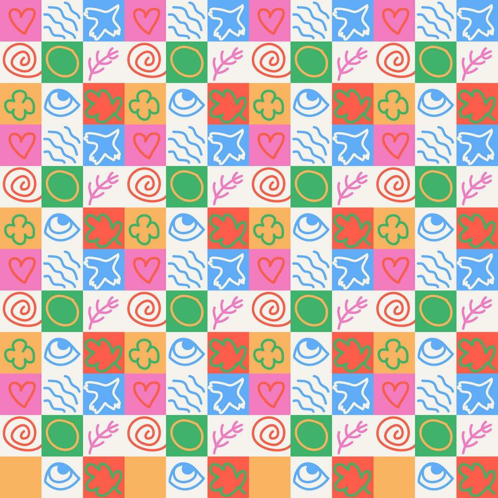 Abstract vector seamless pattern with squares and doodles elements.