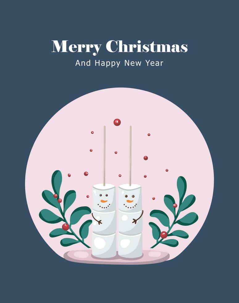 Merry Christmas greeting on a blue background with a pair of marshmallows and fir twigs. vector